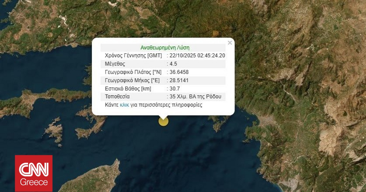 Σεισμός 4,5 βαθμών στα ανοιχτά της Ρόδου