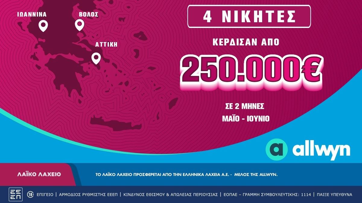 &Lambda;&alpha;ϊ&kappa;ό &Lambda;&alpha;&chi;&epsilon;ί&omicron;: &Tau;έ&sigma;&sigma;&epsilon;&rho;&iota;&sigmaf; &mu;&epsilon;&gamma;ά&lambda;&omicron;&iota; &nu;&iota;&kappa;&eta;&tau;έ&sigmaf; &kappa;έ&rho;&delta;&iota;&sigma;&alpha;&nu; &alpha;&pi;ό 250.000 &epsilon;&upsilon;&rho;ώ &tau;&omicron;&upsilon;&sigmaf; &tau;&epsilon;&lambda;&epsilon;&upsilon;&tau;&alpha;ί&omicron;&upsilon;&sigmaf; 2 &mu;ή&nu;&epsilon;&sigmaf;