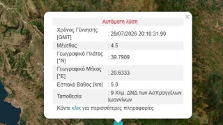 Σεισμός 4,5 Ρίχτερ στα Ιωάννινα