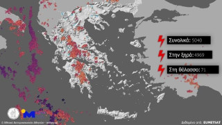 Meteo: Πάνω από 5.000 ηλεκτρικές εκκενώσεις καταγράφτηκαν από τις 6 χθες το απόγευμα - Δείτε χάρτη