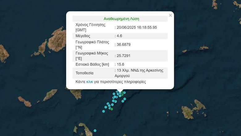 Σεισμός 4,6 Ρίχτερ ανοιχτά της Αμοργού