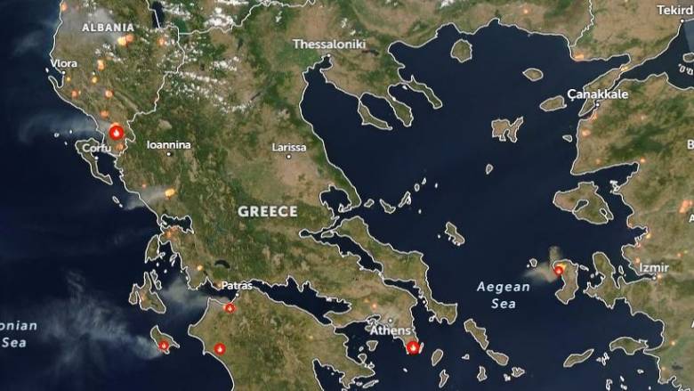 Ο χάρτης της Nasa με τις φωτιές που καίνε σε όλη την Ελλάδα