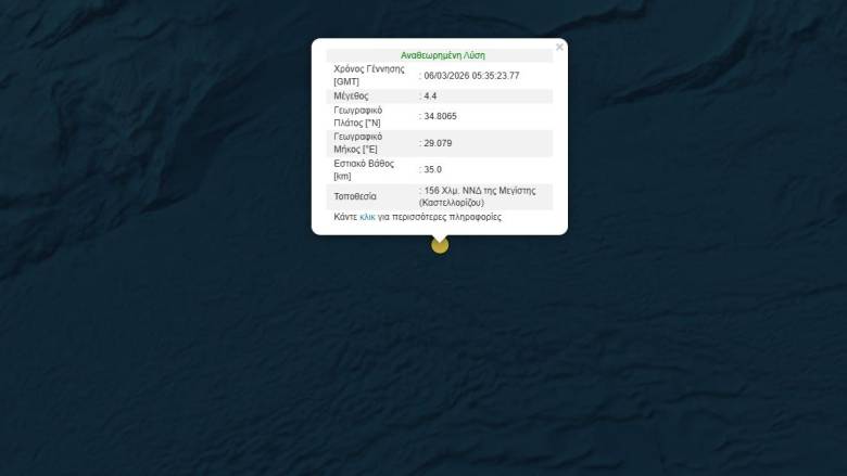 Ισχυρή σεισμική δόνηση 4,4 Ρίχτερ στη θαλάσσια περιοχή του Καστελλόριζου