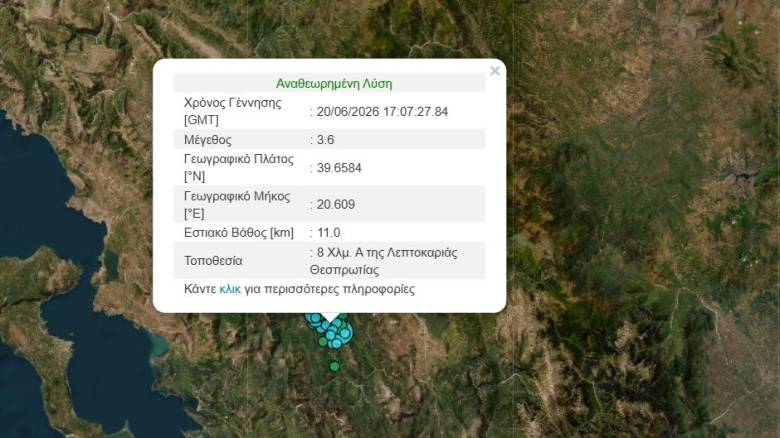 Σεισμός 3,6 Ρίχτερ στη Θεσπρωτία