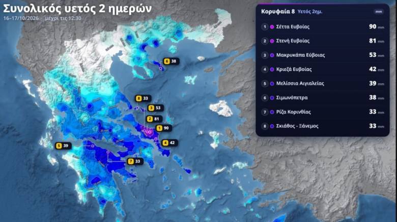 Meteo: Αξιόλογα ύψη βροχής το τελευταίο 48ωρο στην ανατολική χώρα - 90mm στη Σέττα Εύβοιας