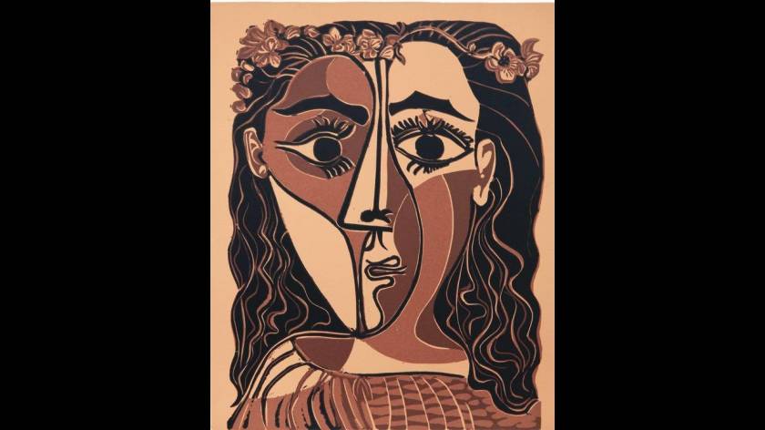 Πικασο: Μικρό κεφάλι ανθοστεφάνωτης γυναίκας. Linogravure en couleurs. 20.2.1962, 62Χ44.5 εκ.