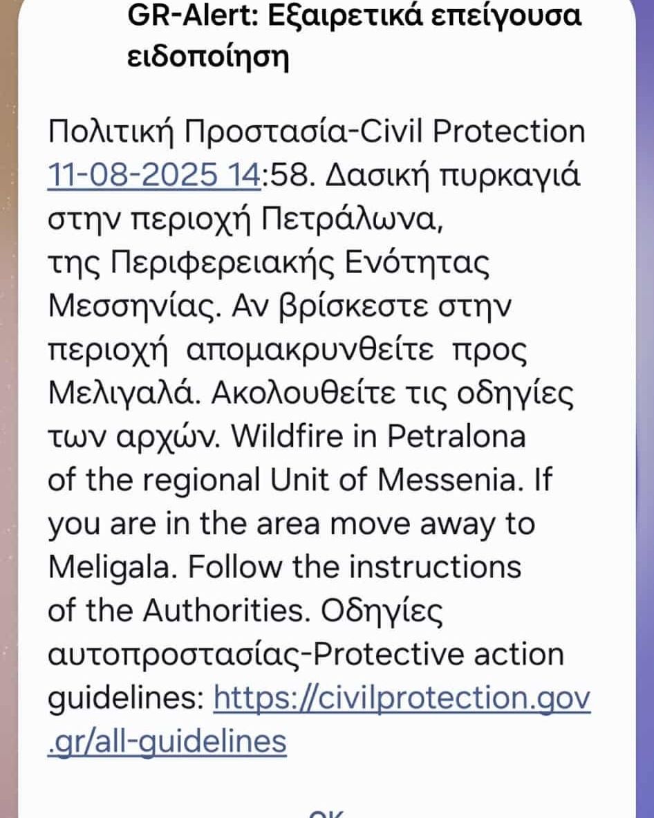 Πυρκαγιά στα Πετράλωνα Μεσσηνίας: Μήνυμα του 112 για εκκένωση προς Μελιγαλά Πυρκαγιά στα Πετράλωνα Μεσσηνίας: Μήνυμα του 112 για εκκένωση προς Μελιγαλά
