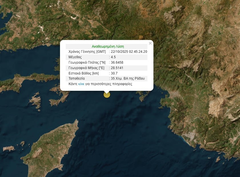 Σεισμός 4,5 βαθμών στα ανοιχτά της Ρόδου